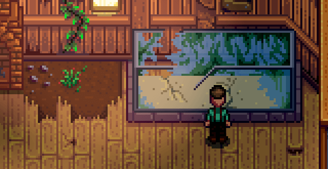 Showing an empty fish tank in the community center in Stardew Valley. This will be turned into a working fishing tank if tuna is brought to the center.