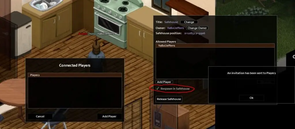 A screenshot of Project zomboid showing how to allow the Respawn in safehouse option in the menu