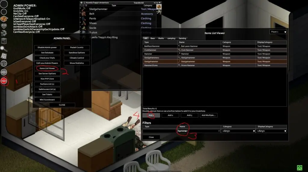 showing how to spawn items in to a multiplayer server using admin panel in Project Zomboid Build 41