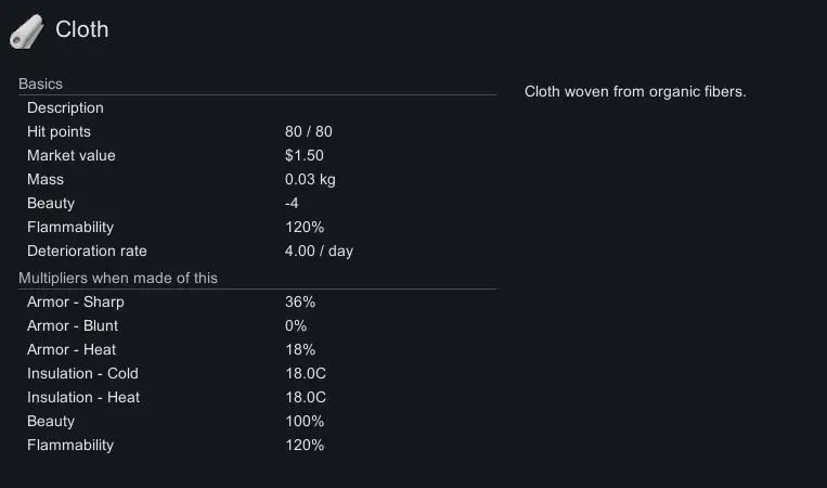 Information sheet for Cloth in Rimworld