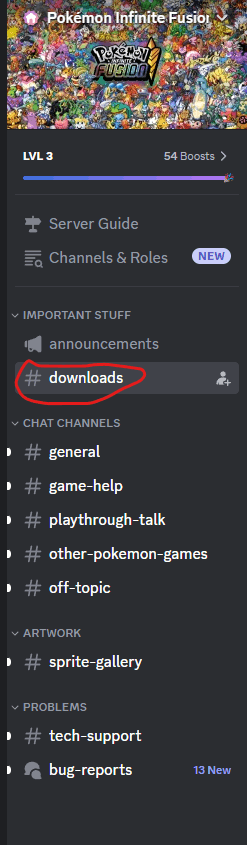 showing the download channel on the official pokemon infinite fusion discord 