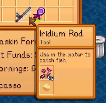 A screenshot from Stardew Valley showing bait attached to an Iridium fishing Rod
