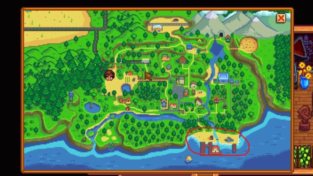 A screenshot of the stardew valley in-game map showing where a pufferfish can be caught
